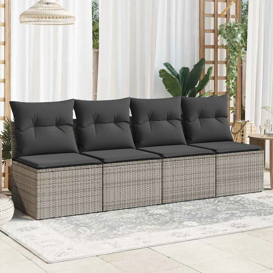 Canapé de jardin 4 places avec coussins gris résine tressée - 3