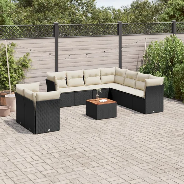 Salon de jardin 10 pcs avec coussins noir résine tressée