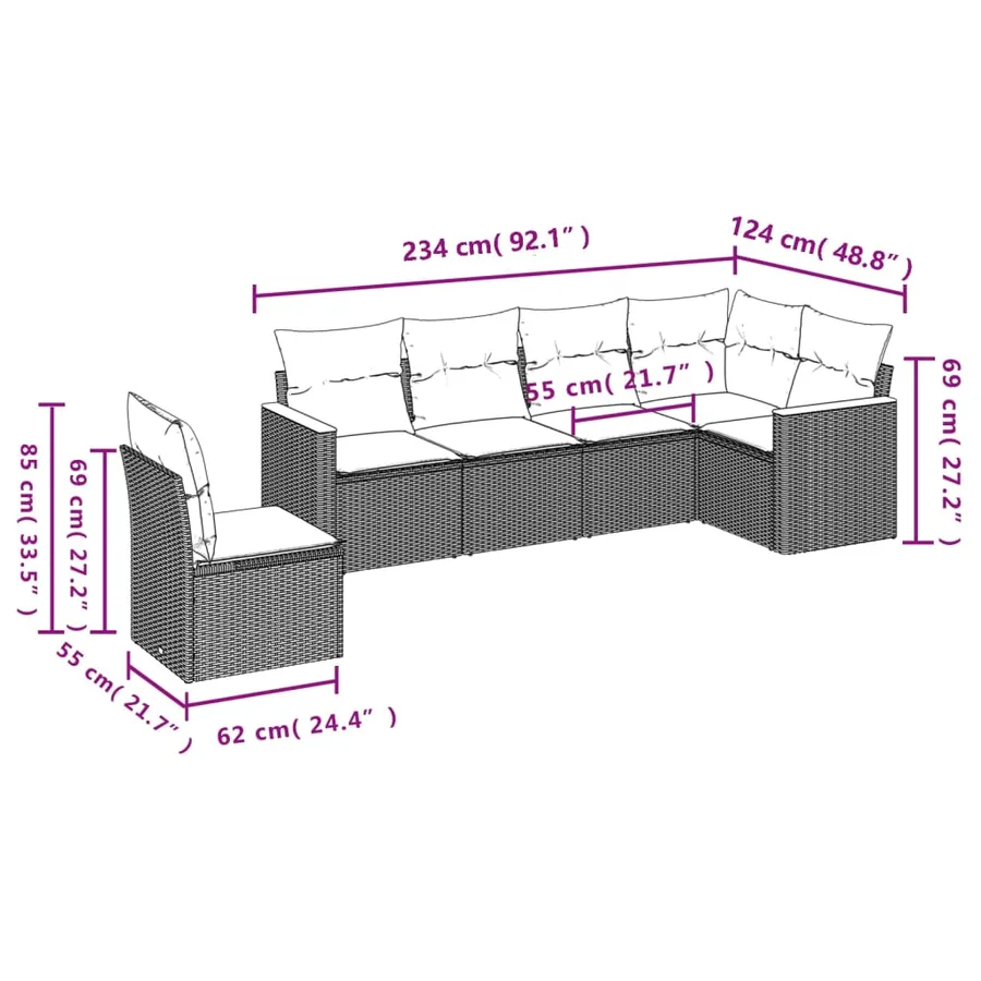 Salon de jardin 6 pcs avec coussins noir résine tressée - 7