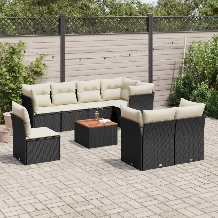 Salon de jardin 9 pcs avec coussins noir résine tressée
