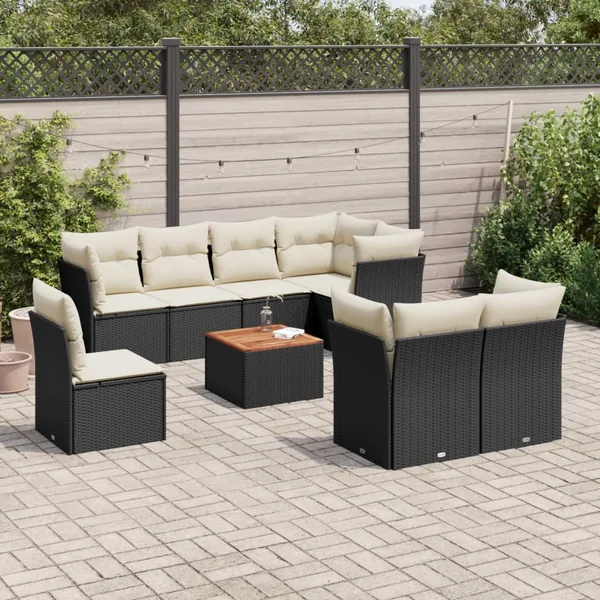 Salon de jardin 9 pcs avec coussins noir résine tressée