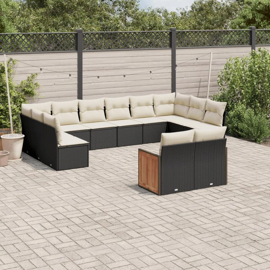 Salon de jardin 12 pcs avec coussins noir résine tressée