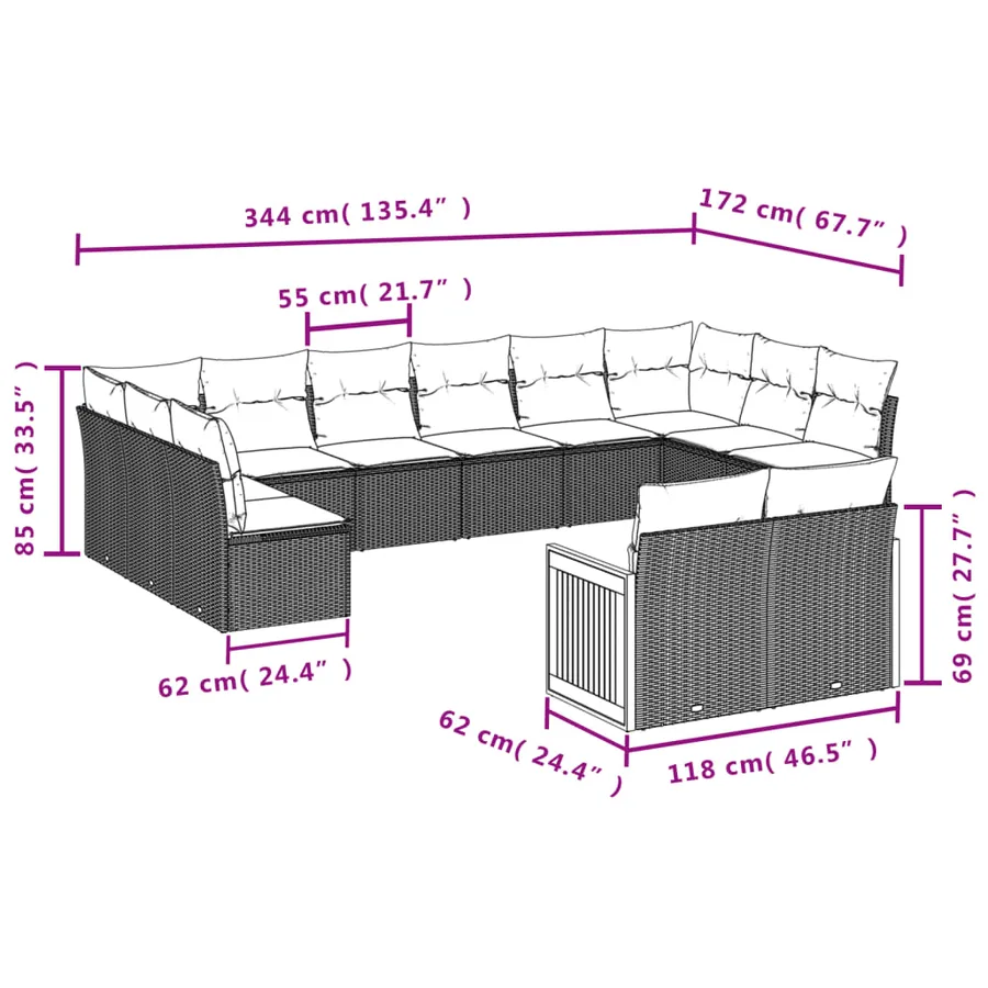 Salon de jardin 12 pcs avec coussins noir résine tressée - 7