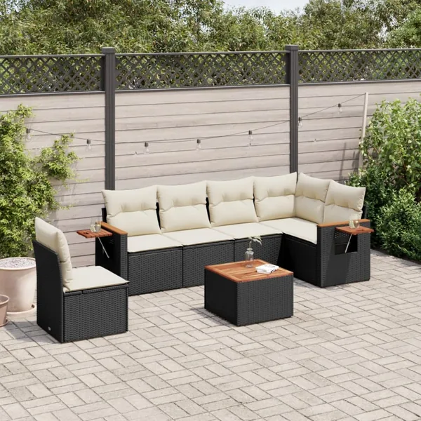 Salon de jardin 7 pcs avec coussins noir résine tressée 62 x 62 x 69 cm - 57,6 kg