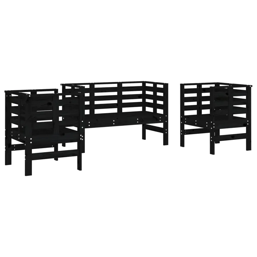 Salon de jardin 3 pcs noir bois massif de pin - 2