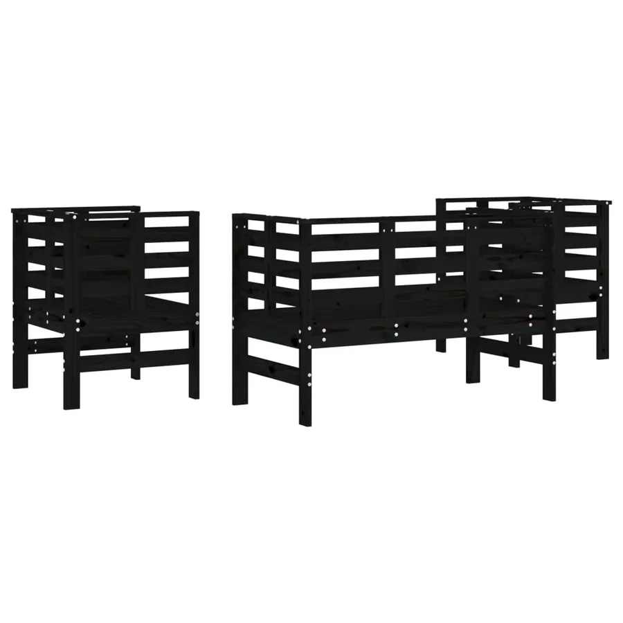 Salon de jardin 3 pcs noir bois massif de pin - 6