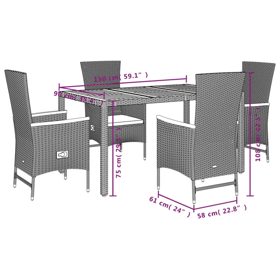 Ensemble à manger de jardin coussins 5pcs Noir Résine tressée - 5