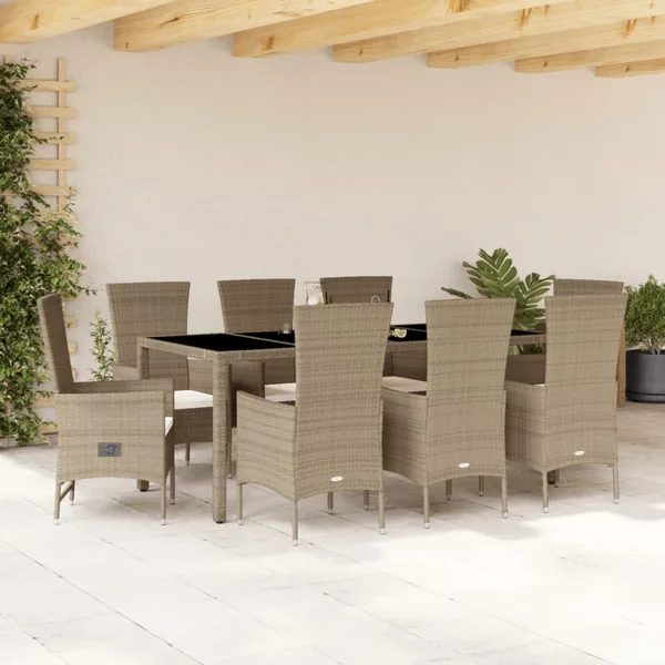 Ensemble à manger de jardin et coussins 9 pcs beige Poly rotin
