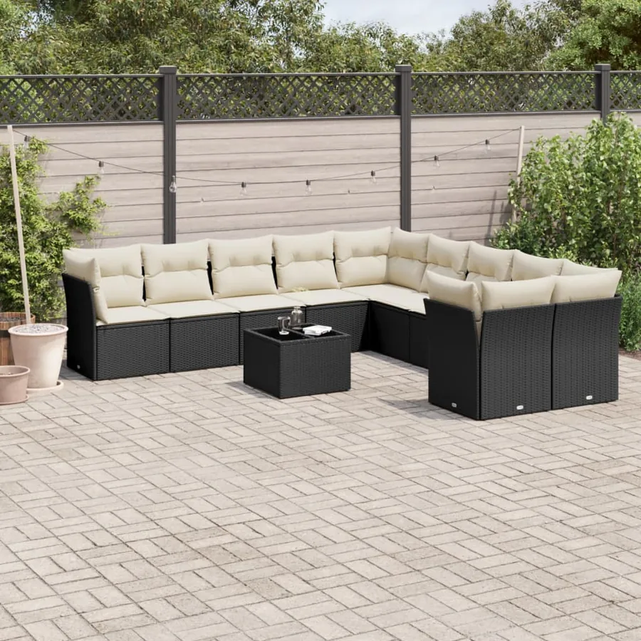 Salon de jardin 11 pcs avec coussins noir résine tressée