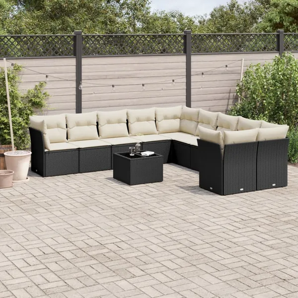 Salon de jardin 11 pcs avec coussins noir résine tressée