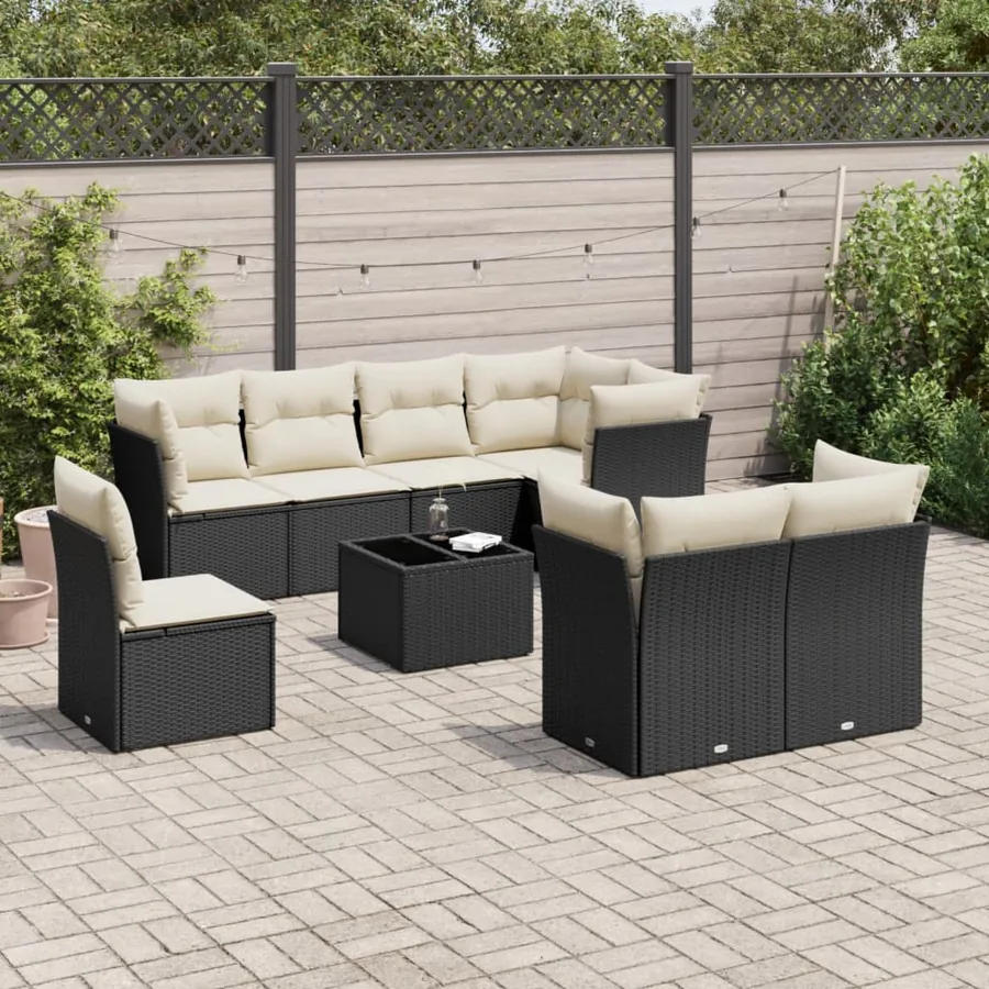 Salon de jardin 9 pcs avec coussins noir résine tressée