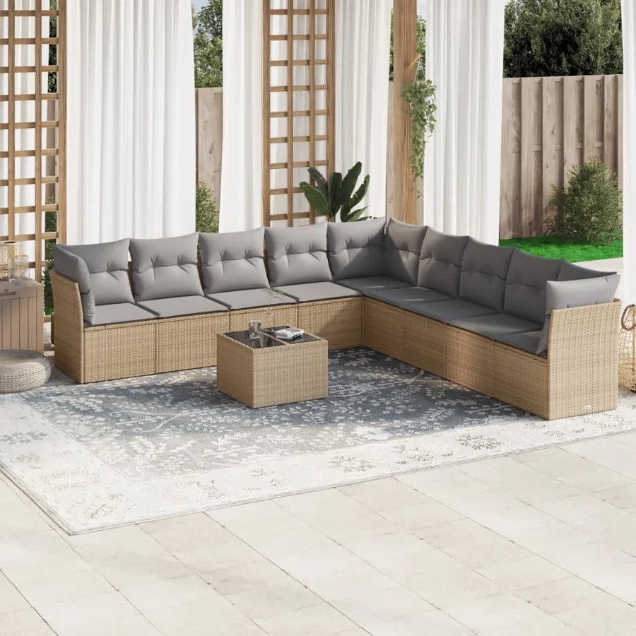 Salon de jardin avec coussins 10 pcs beige résine tressée