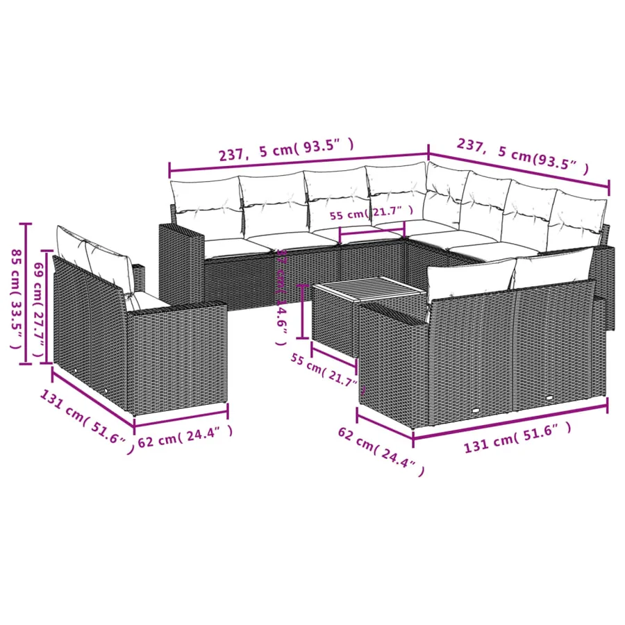 Salon de jardin 12 pcs avec coussins noir résine tressée - 3