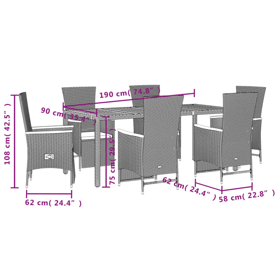 Ensemble à manger de jardin coussins 7pcs Noir Résine tressée - 5