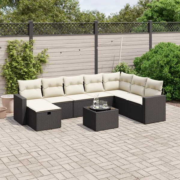 Salon de jardin 9 pcs avec coussins noir résine tressée