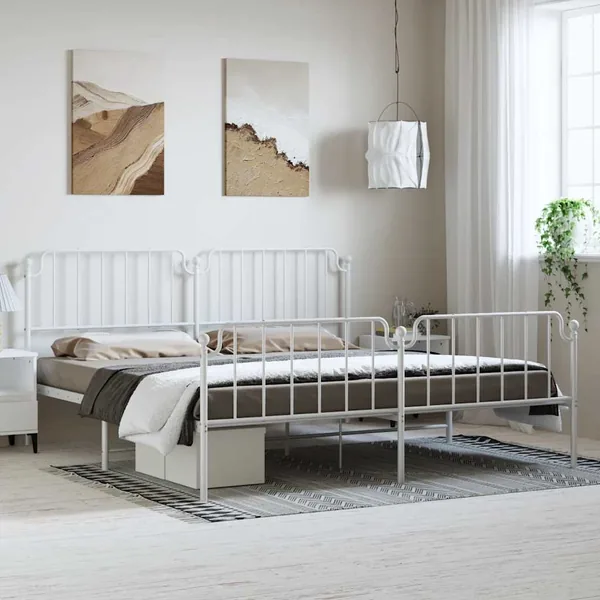 Cadre de lit métal sans matelas et pied de lit blanc 193x203 cm