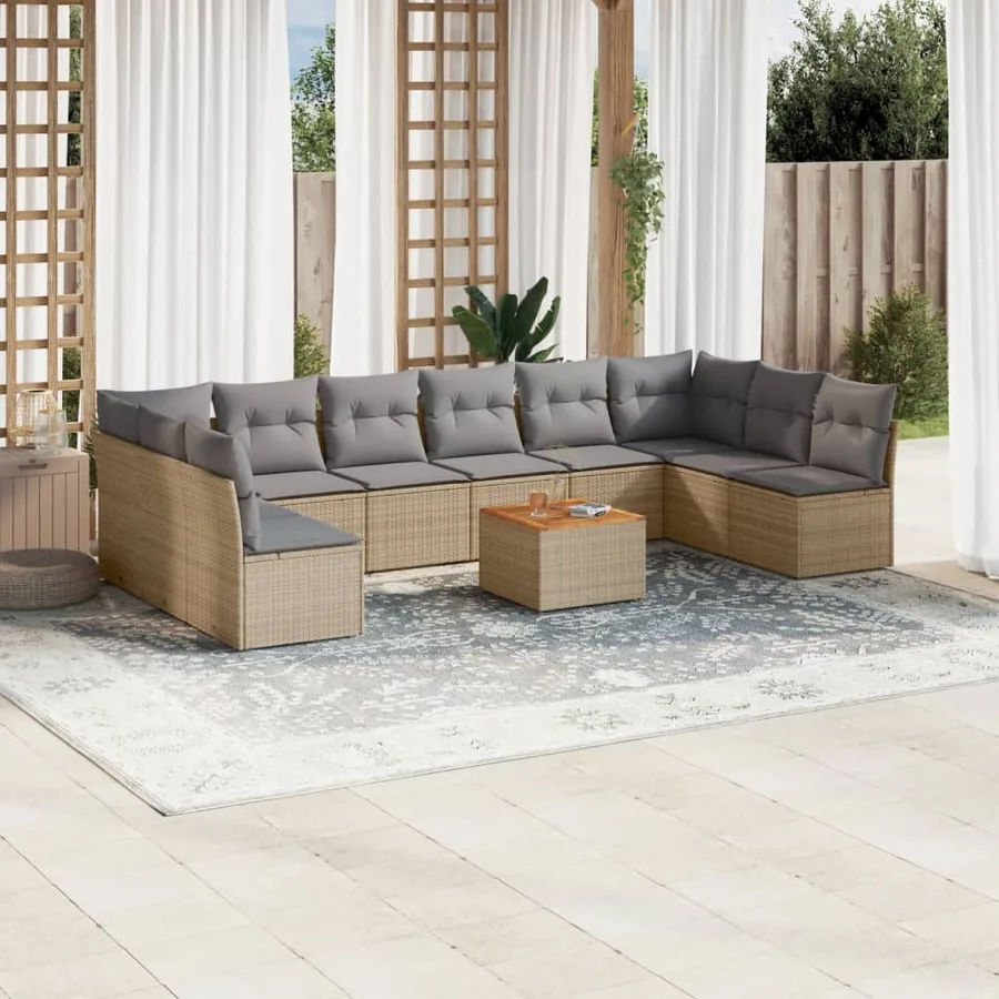 Salon de jardin 11 pcs avec coussins beige résine tressée