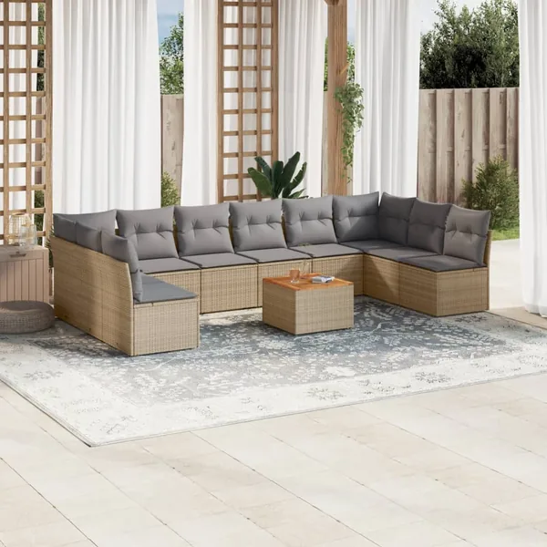 Salon de jardin 11 pcs avec coussins beige résine tressée