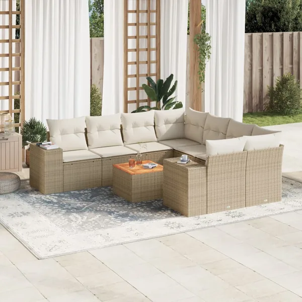 Salon de jardin avec coussins 9 pcs beige résine tressée