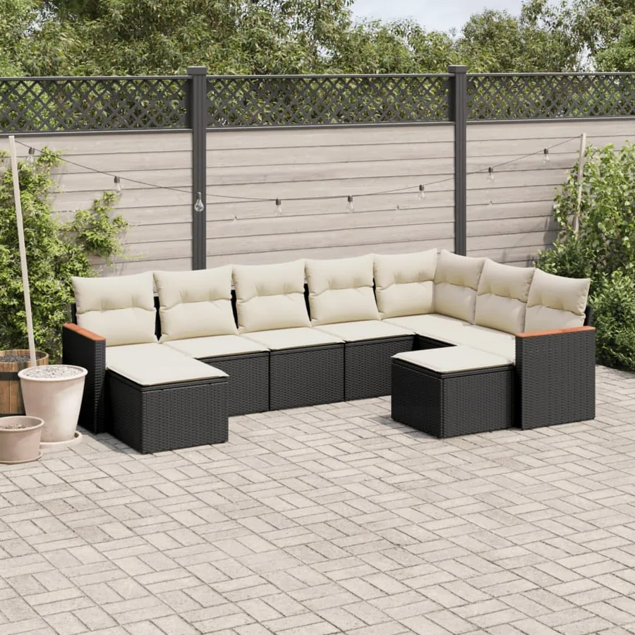 Salon de jardin 9 pcs avec coussins noir résine tressée