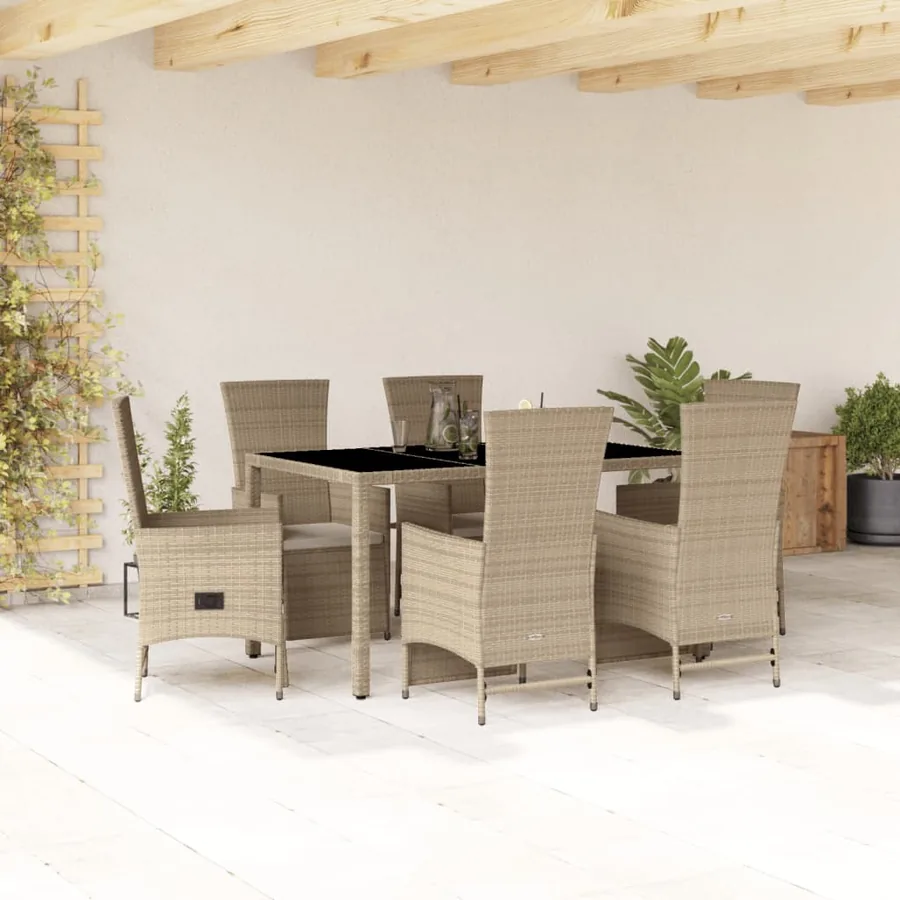Ensemble à manger de jardin et coussins 7 pcs beige poly rotin