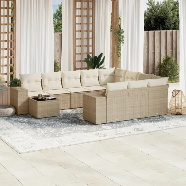 Salon de jardin 11 pcs avec coussins beige résine tressée