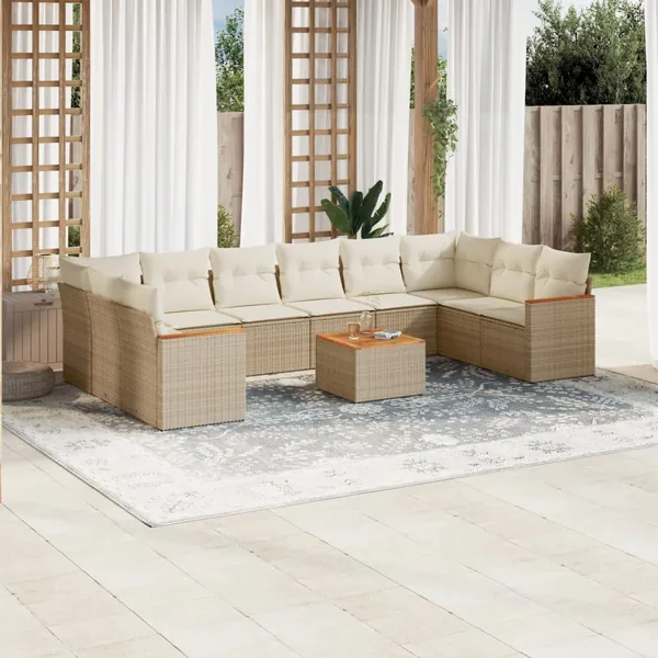 Salon de jardin 11 pcs avec coussins beige résine tressée