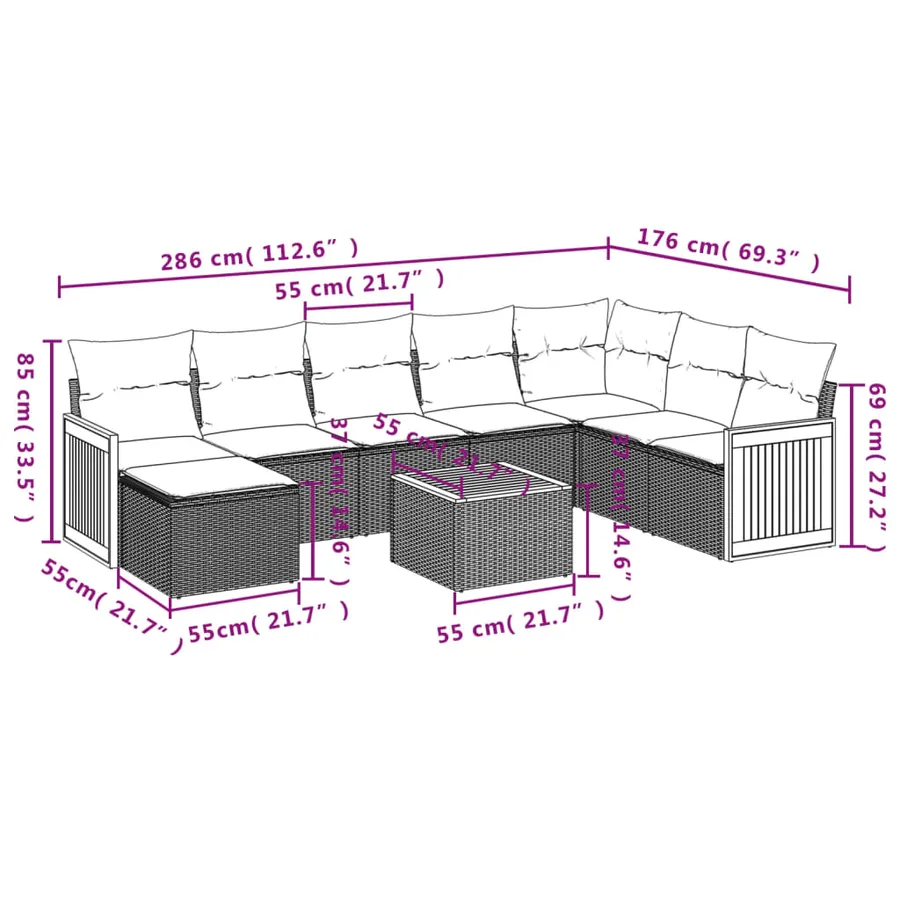 Salon de jardin avec coussins 9 pcs beige résine tressée - 9