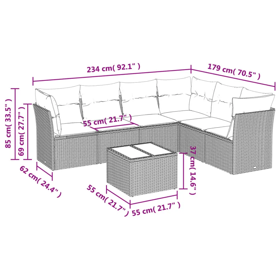 Salon de jardin 7 pcs avec coussins noir résine tressée 55 x 62 x 69 cm - 56,6 kg - 3