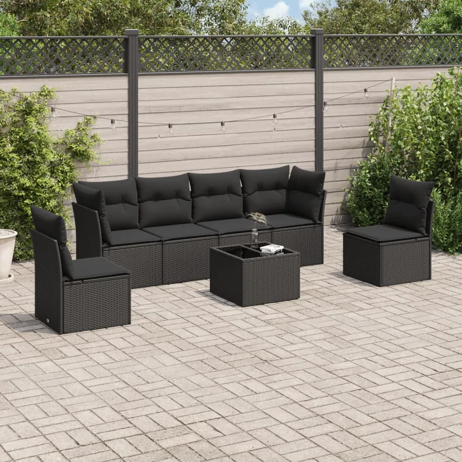 Salon de jardin 7 pcs avec coussins noir résine tressée 62 x 62 x 69 cm - 54,7 kg