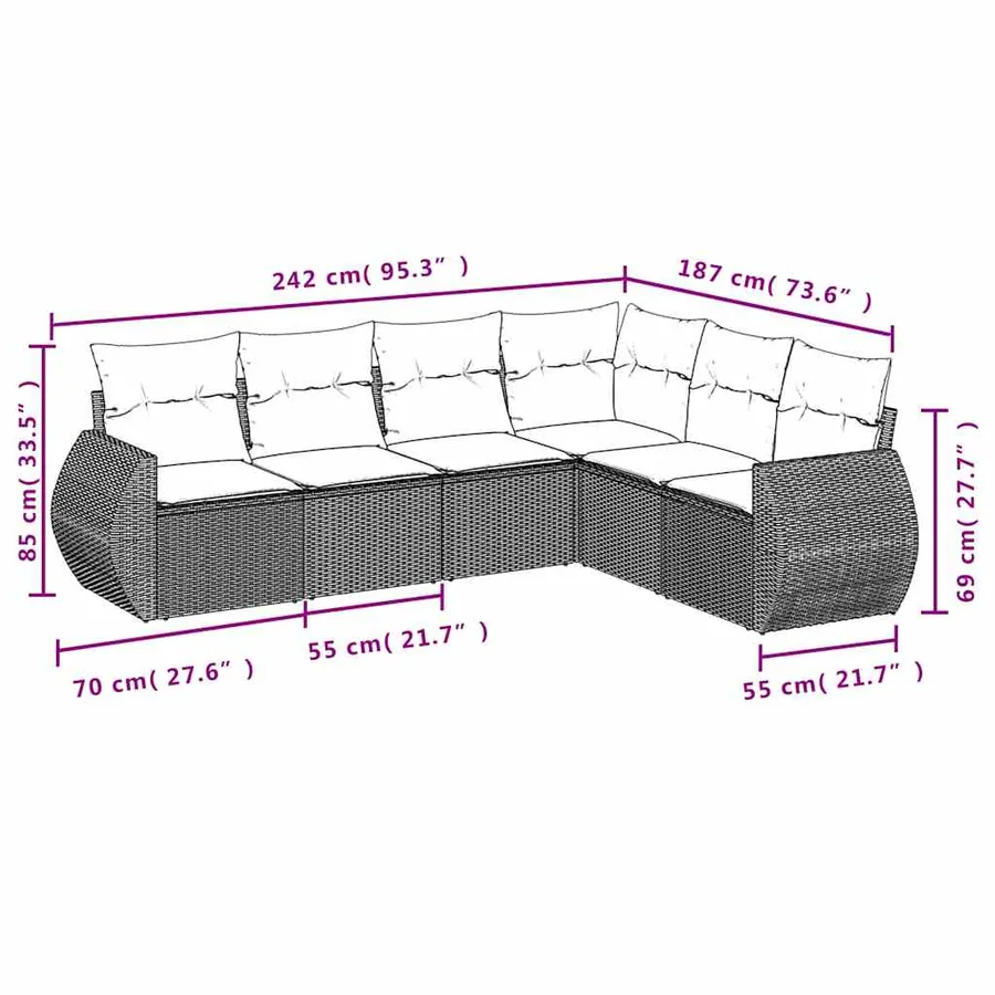 Salon de jardin 6 pcs avec coussins noir résine tressée - 7