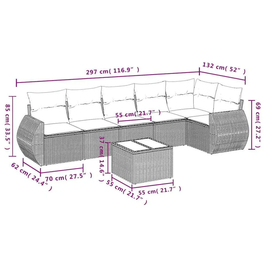 Salon de jardin 7 pcs avec coussins noir résine tressée 62 x 62 x 69 cm - 56,1 kg - 8
