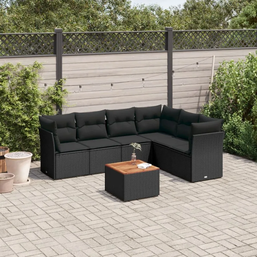 Salon de jardin 7 pcs avec coussins noir résine tressée 62 x 62 x 69 cm - 55,8 kg