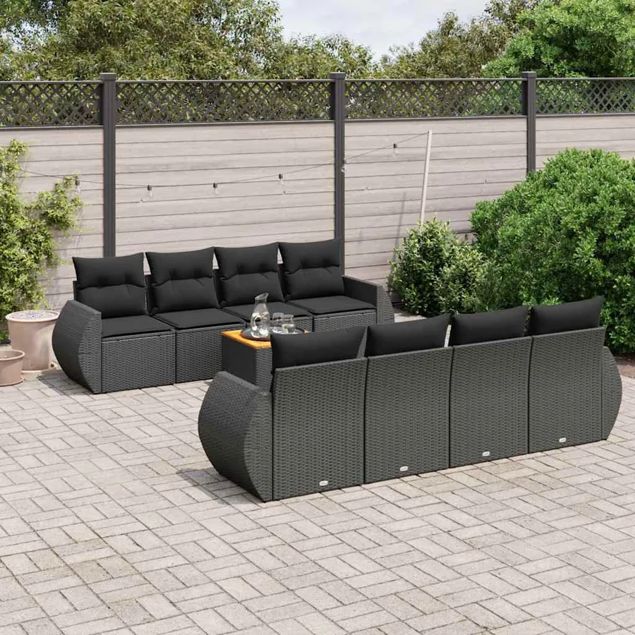 Salon de jardin 9 pcs avec coussins noir résine tressée