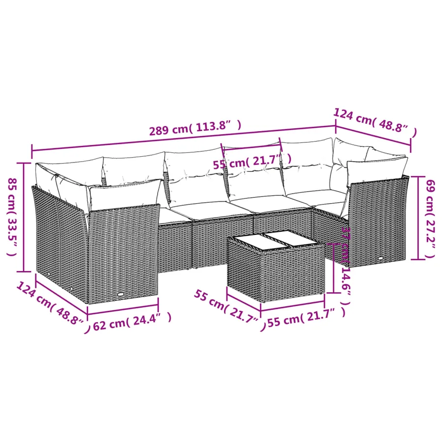 Salon de jardin 8 pcs avec coussins noir résine tressée - 3