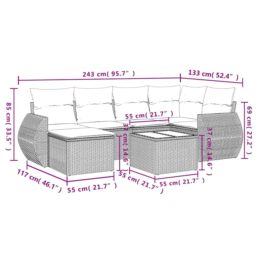 Salon de jardin 7 pcs avec coussins noir résine tressée 62 x 62 x 69 cm - 57,0 kg - 9