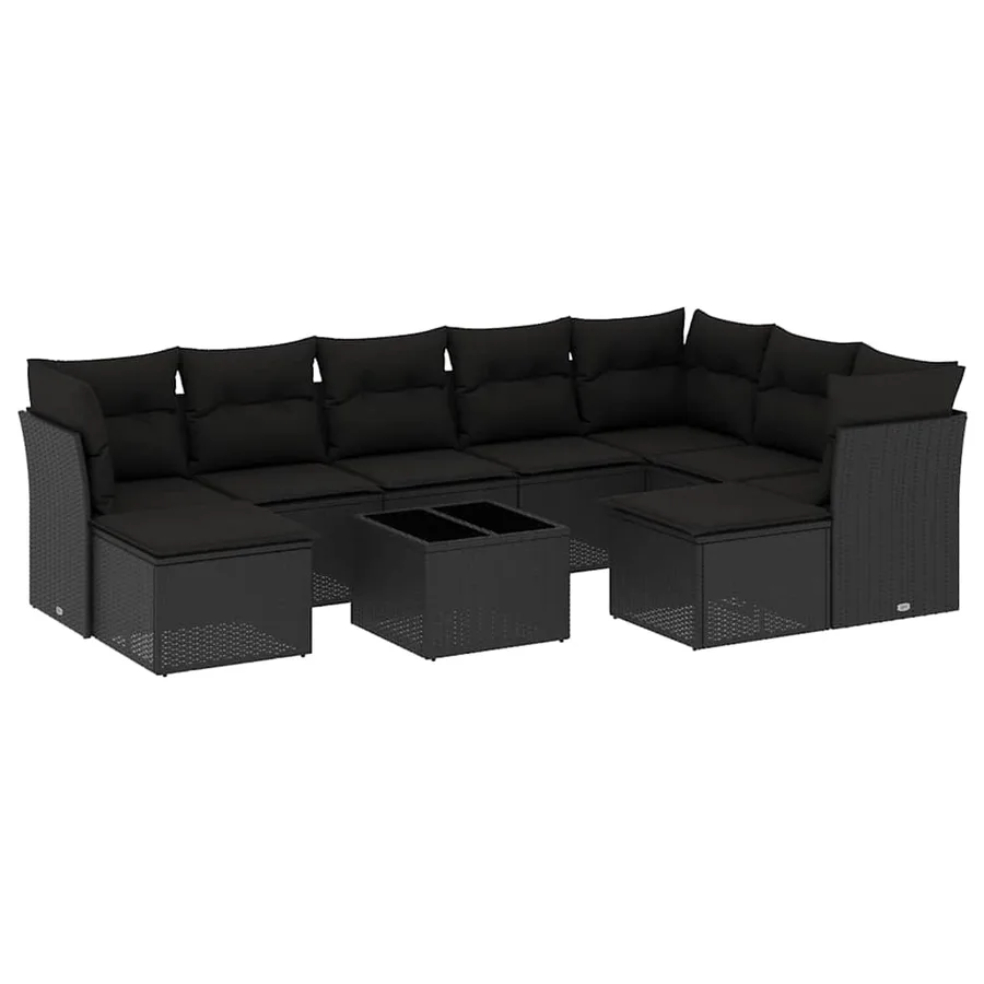 Salon de jardin 10 pcs avec coussins noir résine tressée - 2