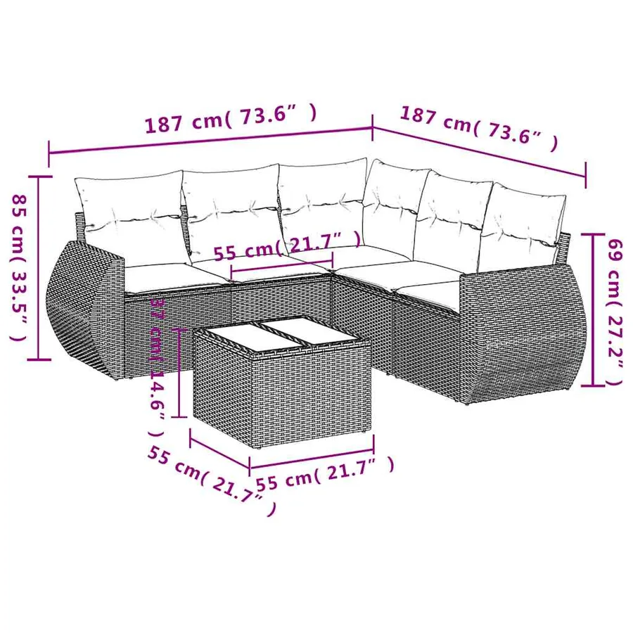Salon de jardin 6 pcs avec coussins noir résine tressée - 8