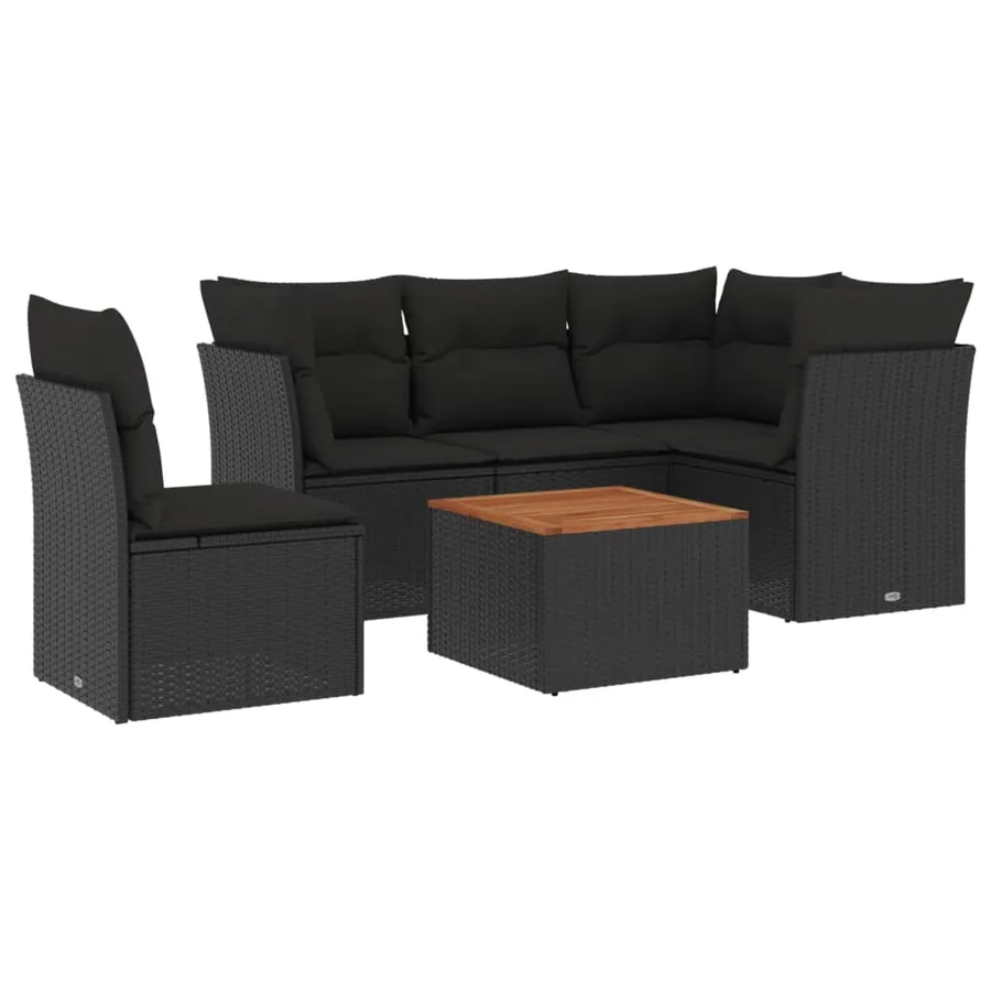 Salon de jardin 6 pcs avec coussins noir résine tressée - 2