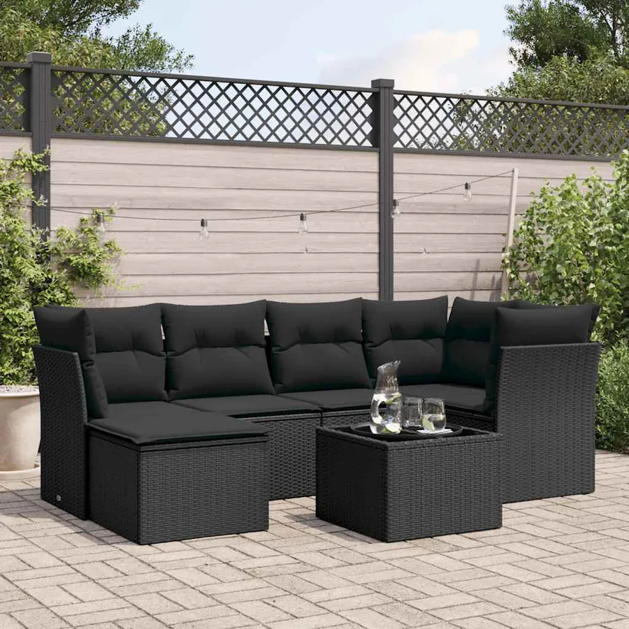 Salon de jardin 7 pcs avec coussins noir résine tressée 55 x 62 x 69 cm - 57,5 kg