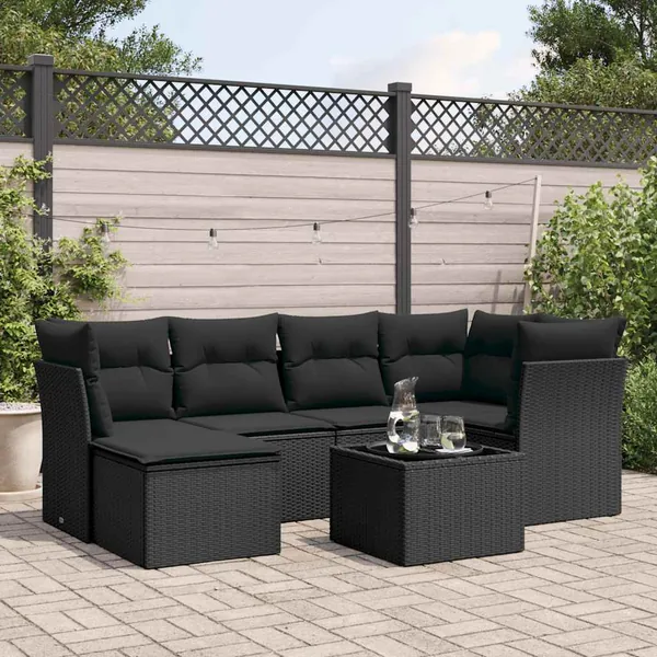 Salon de jardin 7 pcs avec coussins noir résine tressée 55 x 62 x 69 cm - 57,5 kg