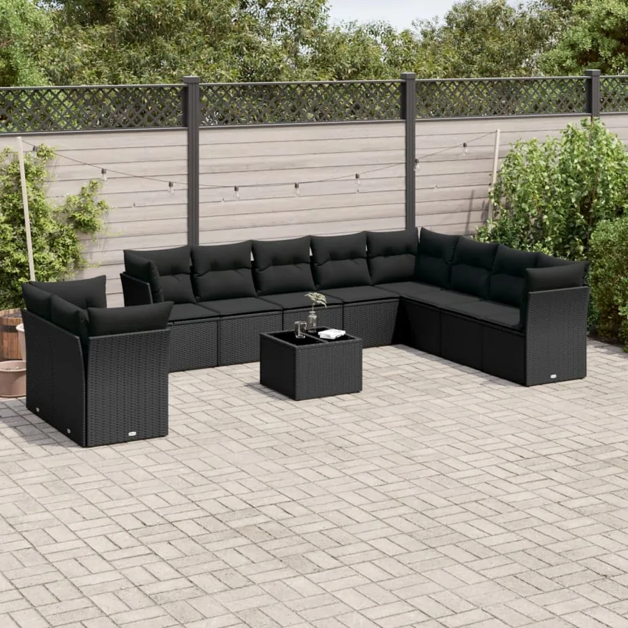 Salon de jardin 11 pcs avec coussins noir résine tressée