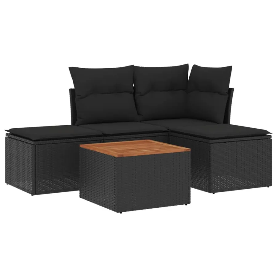 Salon de jardin 5 pcs avec coussins noir résine tressée - 2
