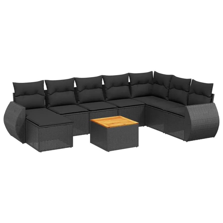 Salon de jardin 9 pcs avec coussins noir résine tressée - 2