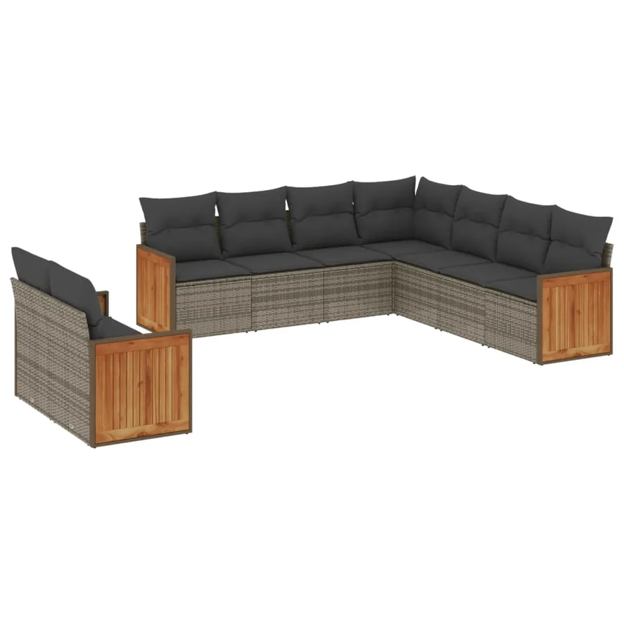 Salon de jardin 9 pcs avec coussins gris résine tressée - 2