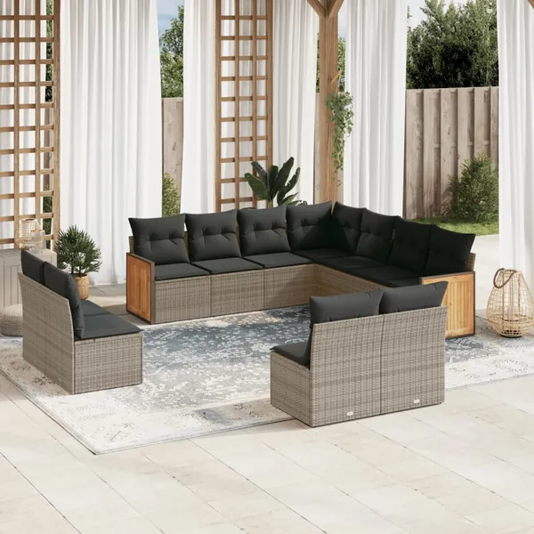 Salon de jardin 11 pcs avec coussins gris résine tressée