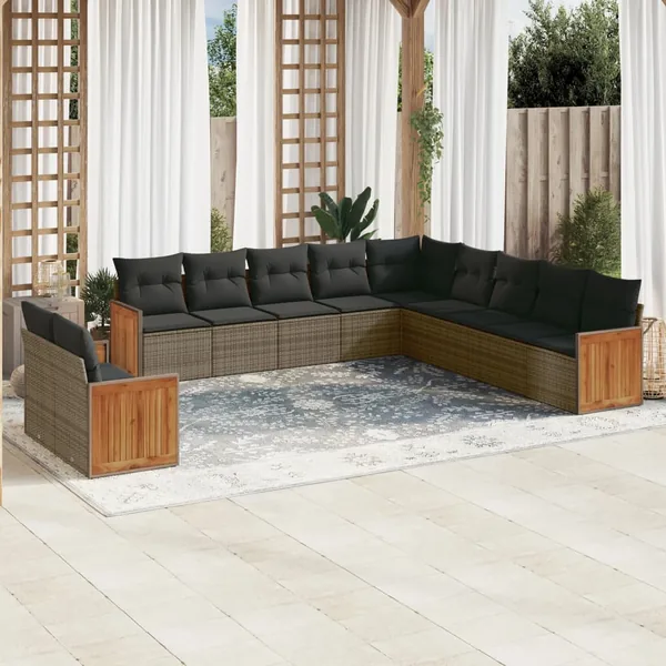Salon de jardin 11 pcs avec coussins gris résine tressée