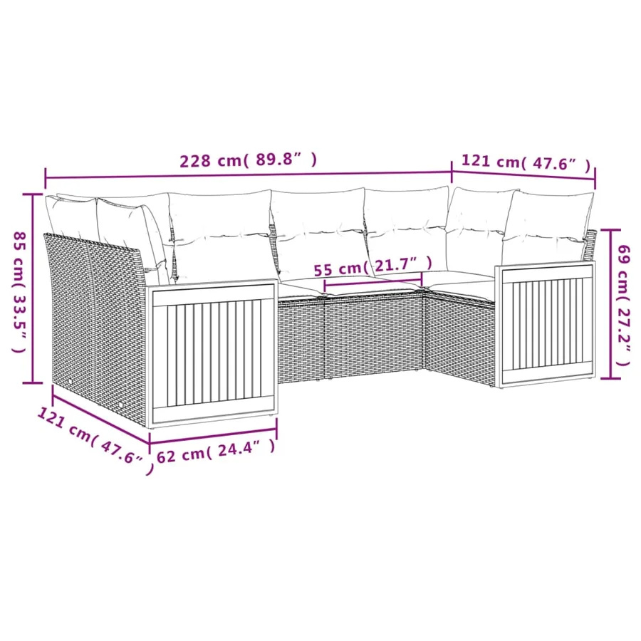 Salon de jardin 6 pcs avec coussins gris résine tressée - 7