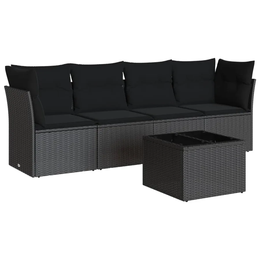 Salon de jardin 5 pcs avec coussins noir résine tressée - 2