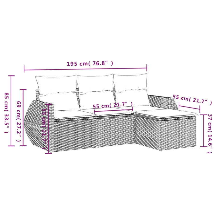 Salon de jardin 4 pcs avec coussins noir résine tressée - 3